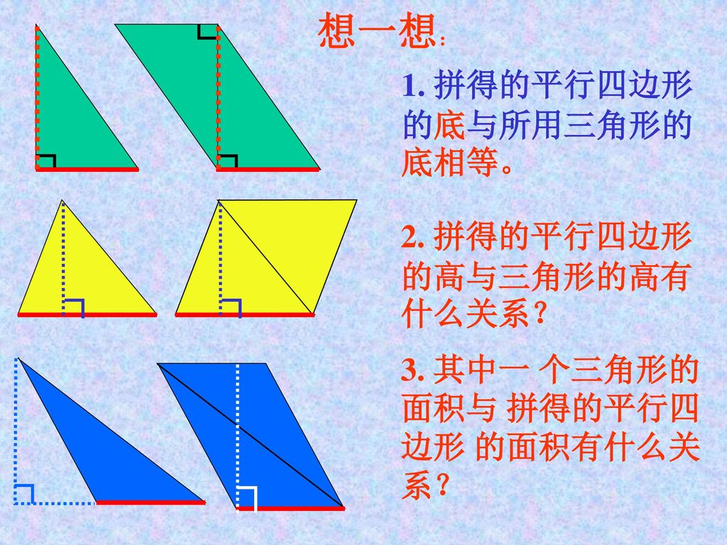 想一想： 1. 拼得的平行四边形的底与所用三角形的底相等。 2. 拼得的平行四边形的高与三角形的高有什么关系？