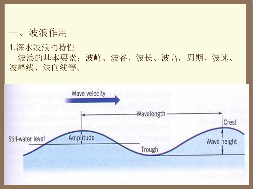一、波浪作用 1.深水波浪的特性 波浪的基本要素：波峰、波谷、波长、波高，周期、波速、波峰线、波向线等。