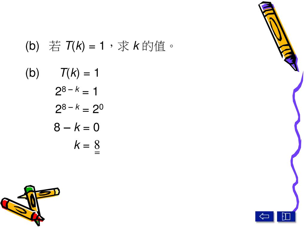 (b) 若 T(k) = 1，求 k 的值。 (b) T(k) = 1 28 – k = 1 28 – k = 20 8 – k = 0 k =