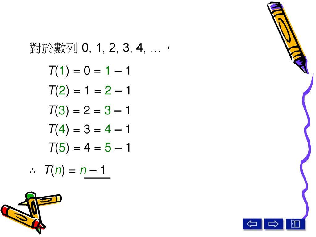 對於數列 0, 1, 2, 3, 4, …， T(1) = 0 = 1 – 1. T(2) = 1 = 2 – 1. T(3) = 2 = 3 – 1. T(4) = 3 = 4 – 1. T(5) = 4 = 5 – 1.