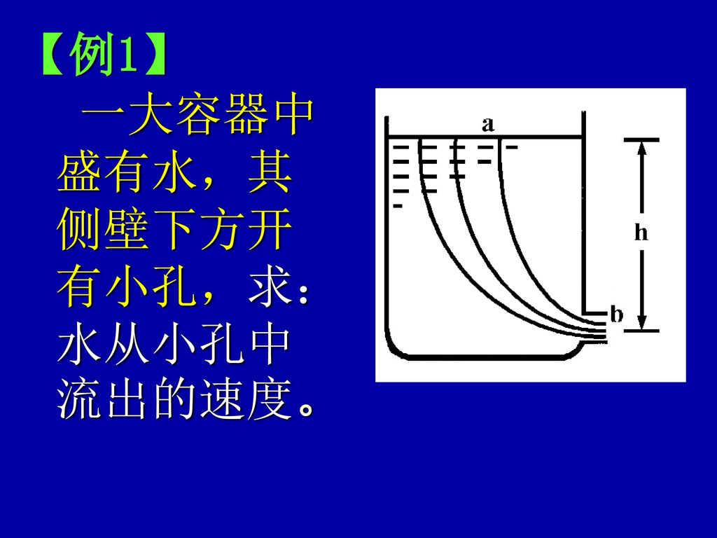 【例1】 一大容器中 盛有水，其 侧壁下方开 有小孔，求： 水从小孔中 流出的速度。