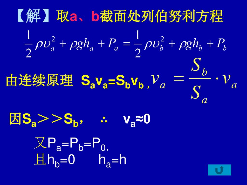 【解】取a、b截面处列伯努利方程 由连续原理 Sava=Sbvb ， 因Sa＞＞Sb， ∴ va≈0 又Pa=Pb=P0，