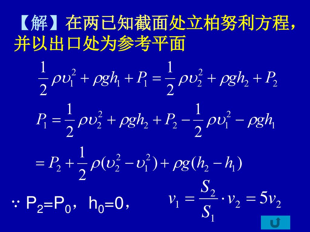 【解】在两已知截面处立柏努利方程， 并以出口处为参考平面 ∵ P2=P0，h0=0，