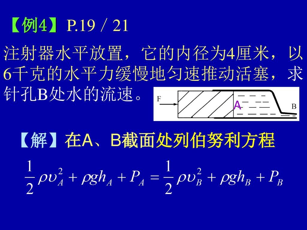 注射器水平放置，它的内径为4厘米，以6千克的水平力缓慢地匀速推动活塞，求针孔B处水的流速。