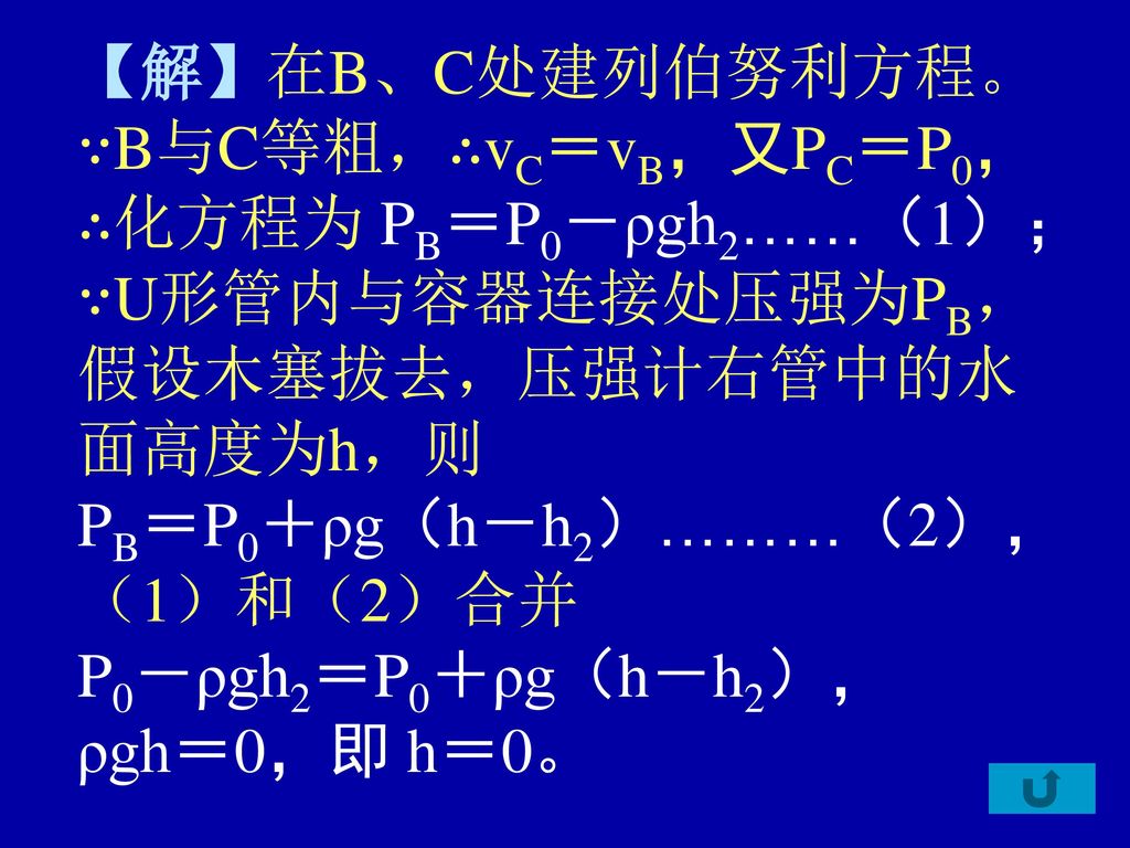 【解】在B、C处建列伯努利方程。 ∵B与C等粗，∴vC＝vB，又PC＝P0， ∴化方程为 PB＝P0－ρgh2……（1）； ∵U形管内与容器连接处压强为PB， 假设木塞拔去，压强计右管中的水.