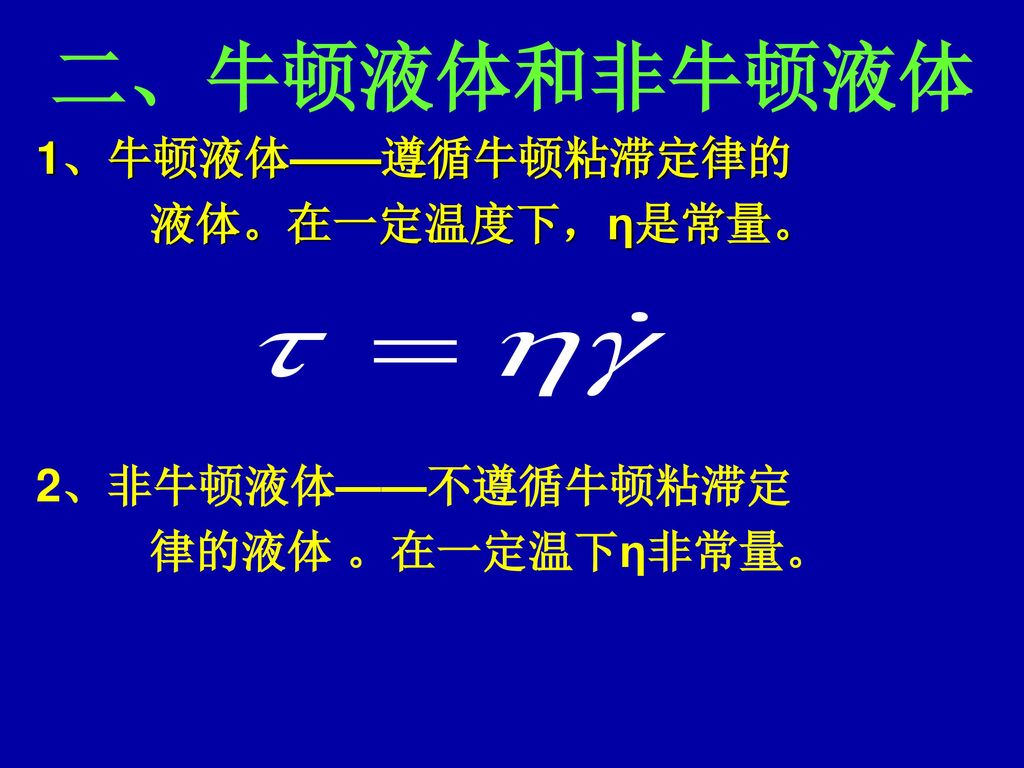 二、牛顿液体和非牛顿液体 1、牛顿液体——遵循牛顿粘滞定律的 液体。在一定温度下，η是常量。 2、非牛顿液体——不遵循牛顿粘滞定