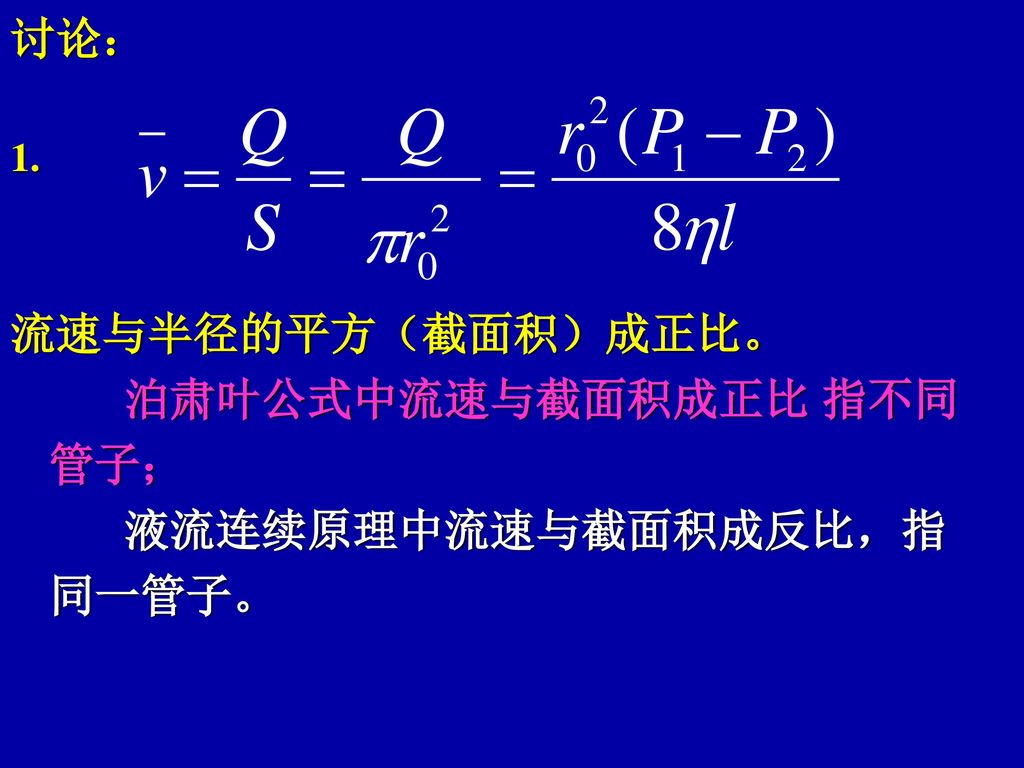 泊肃叶公式中流速与截面积成正比 指不同管子； 液流连续原理中流速与截面积成反比，指同一管子。