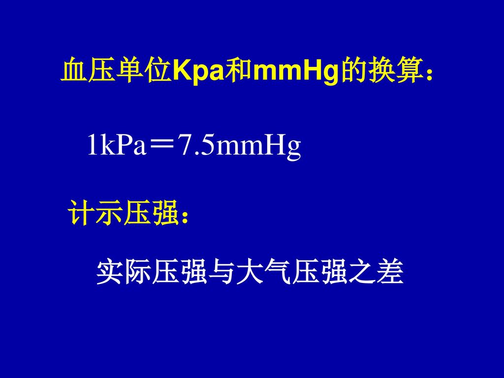 血压单位Kpa和mmHg的换算： 1kPa＝7.5mmHg 计示压强： 实际压强与大气压强之差