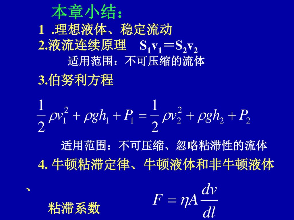 本章小结： 1 .理想液体、稳定流动. 2.液流连续原理 S1v1＝S2v2. 适用范围：不可压缩的流体. 3.伯努利方程. 适用范围：不可压缩、忽略粘滞性的流体 4. 牛顿粘滞定律、牛顿液体和非牛顿液体、