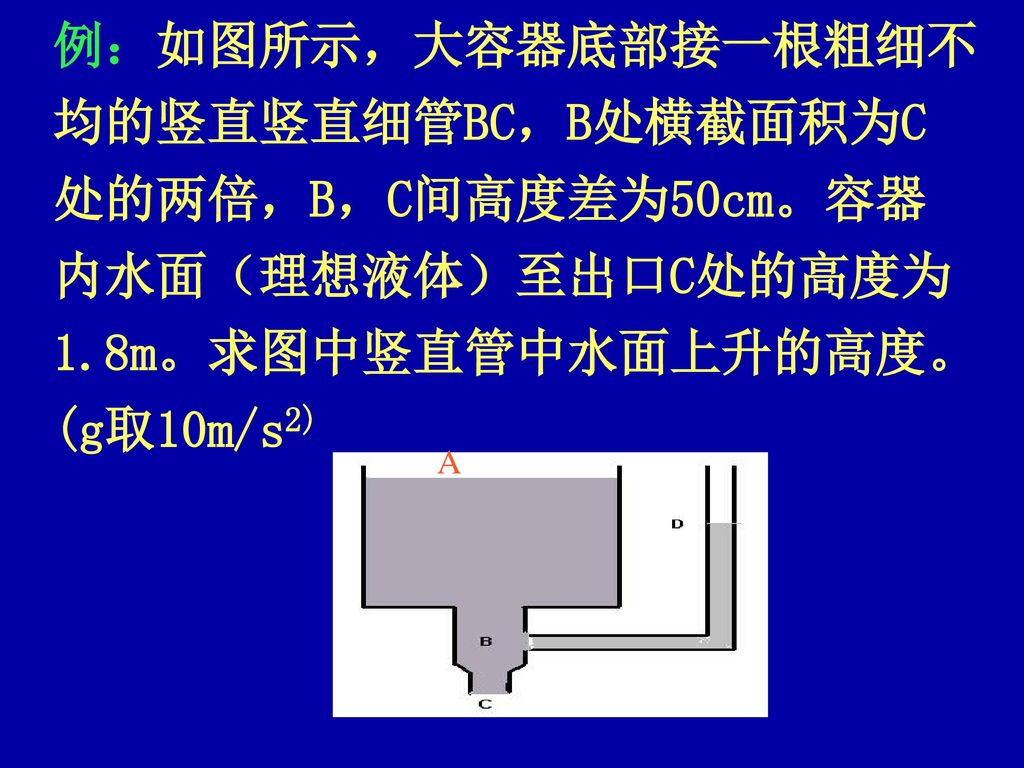 例：如图所示，大容器底部接一根粗细不 均的竖直竖直细管BC，B处横截面积为C 处的两倍，B，C间高度差为50cm。容器