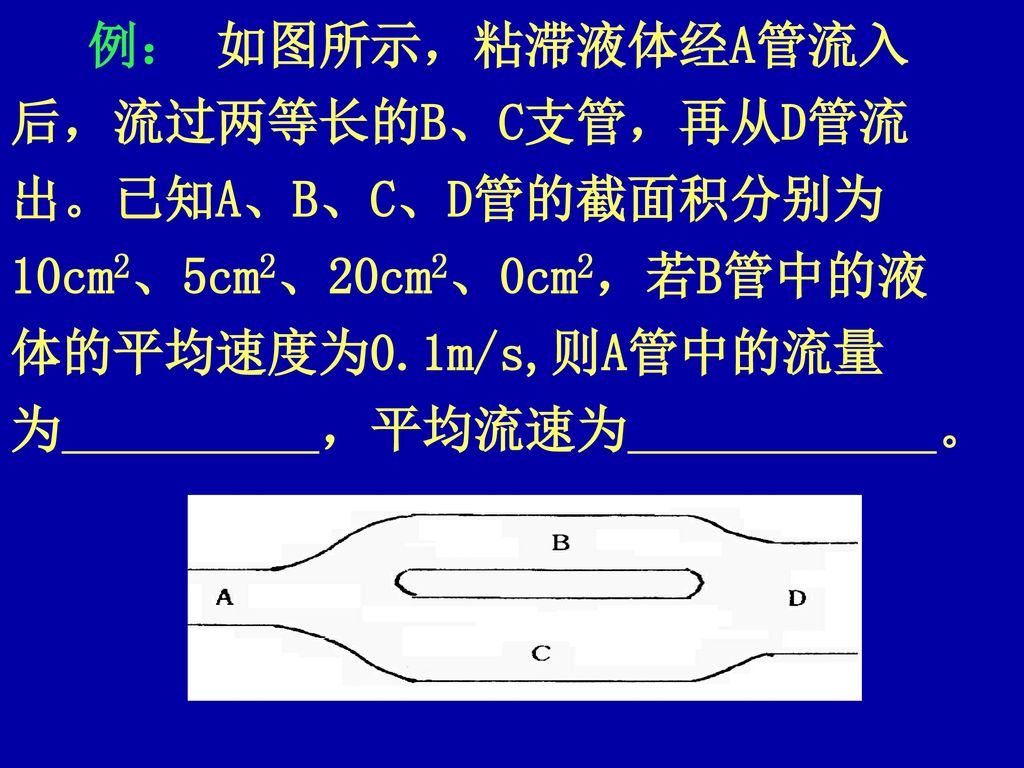 例： 如图所示，粘滞液体经A管流入 后，流过两等长的B、C支管，再从D管流出。已知A、B、C、D管的截面积分别为10cm2、5cm2、20cm2、0cm2，若B管中的液体的平均速度为0.1m/s,则A管中的流量为 ，平均流速为 。