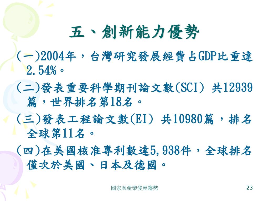 五、創新能力優勢 (一)2004年，台灣研究發展經費占GDP比重達2.54%。