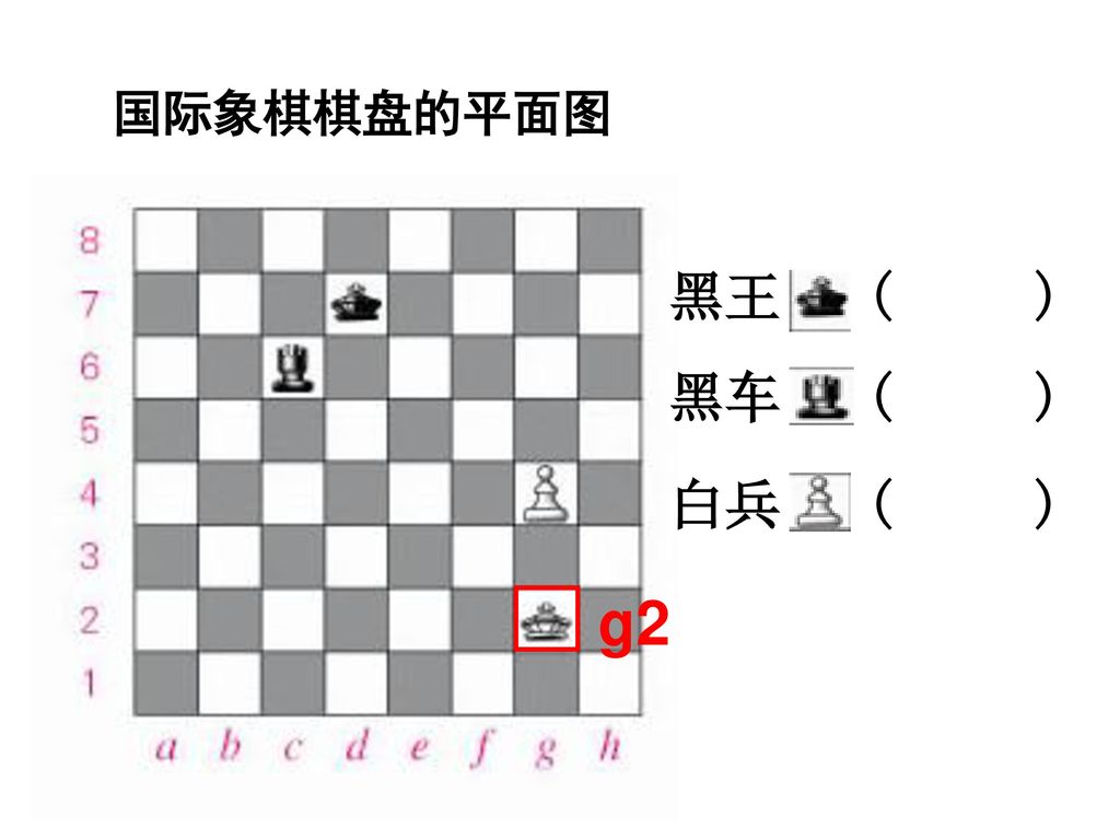 国际象棋棋盘的平面图 黑王 ( ) 黑车 ( ) 白兵 ( ) g2