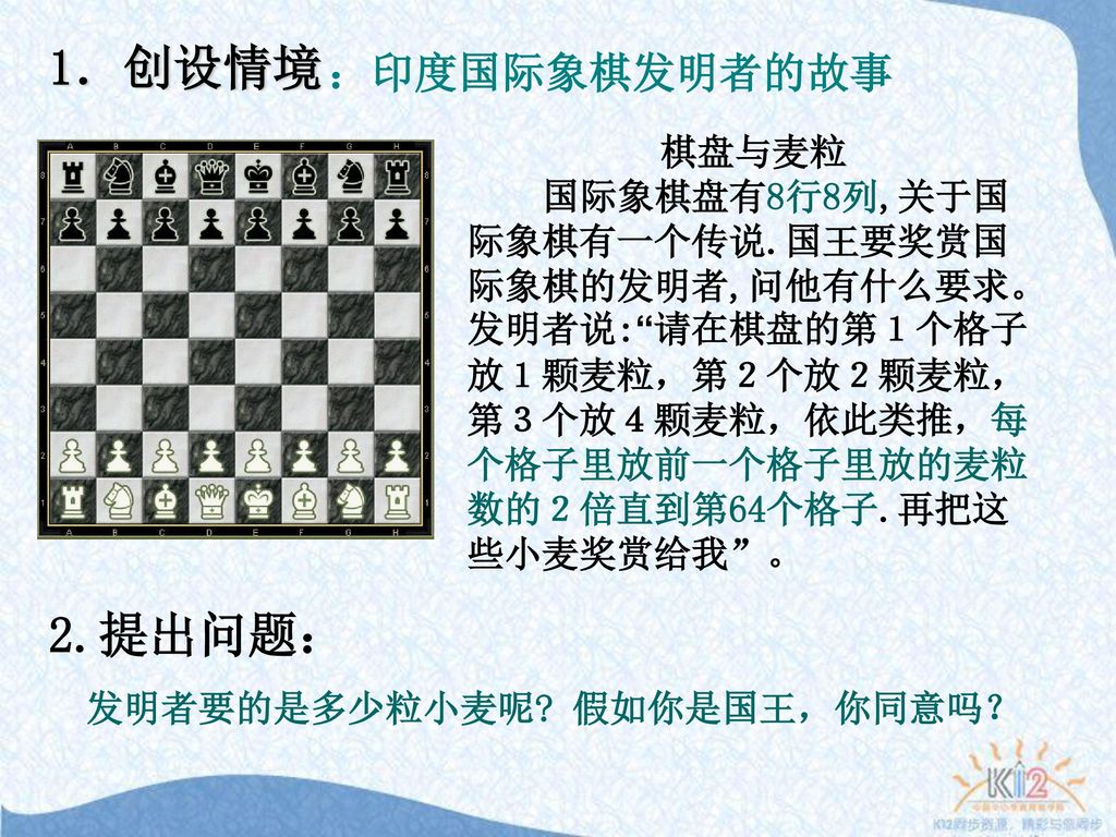 1．创设情境 2.提出问题： ：印度国际象棋发明者的故事 棋盘与麦粒