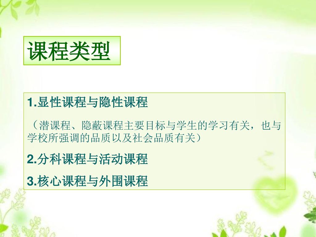 课程类型 1.显性课程与隐性课程 （潜课程、隐蔽课程主要目标与学生的学习有关，也与学校所强调的品质以及社会品质有关） 2.分科课程与活动课程