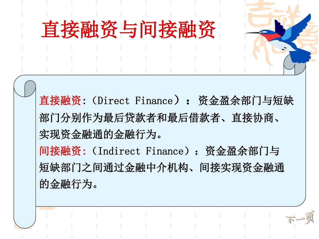 直接融资与间接融资 直接融资:（Direct Finance）：资金盈余部门与短缺 部门分别作为最后贷款者和最后借款者、直接协商、