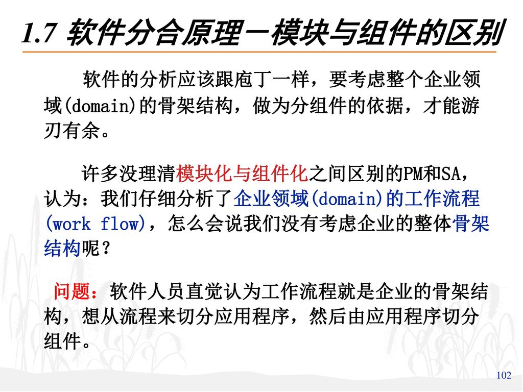 1.7 软件分合原理－模块与组件的区别 软件的分析应该跟庖丁一样，要考虑整个企业领 域(domain)的骨架结构，做为分组件的依据，才能游 刃有余。