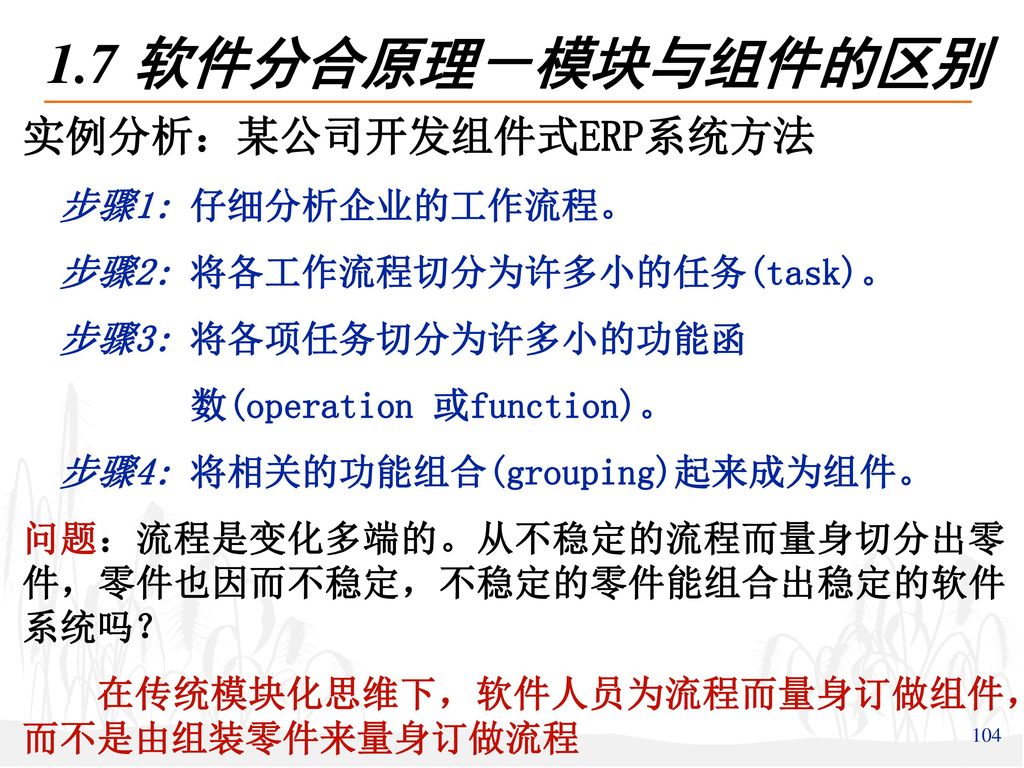 1.7 软件分合原理－模块与组件的区别 实例分析：某公司开发组件式ERP系统方法 步骤1: 仔细分析企业的工作流程。