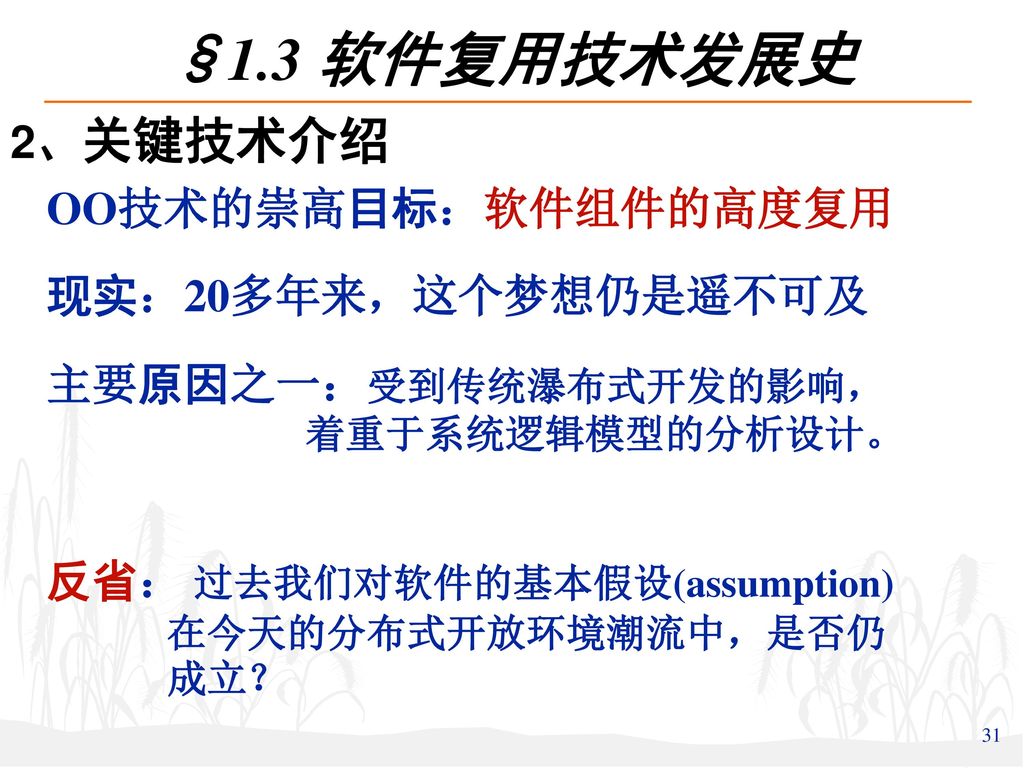 §1.3 软件复用技术发展史 2、关键技术介绍 OO技术的崇高目标：软件组件的高度复用 现实：20多年来，这个梦想仍是遥不可及