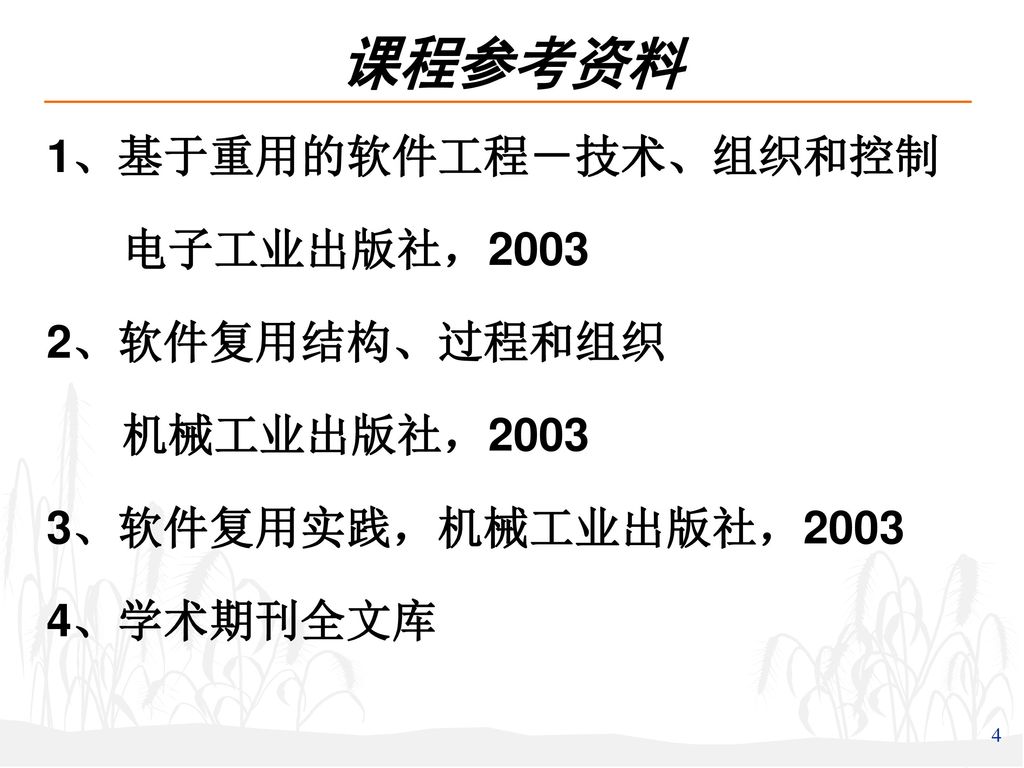 课程参考资料 1、基于重用的软件工程－技术、组织和控制 电子工业出版社，2003 2、软件复用结构、过程和组织 机械工业出版社，2003