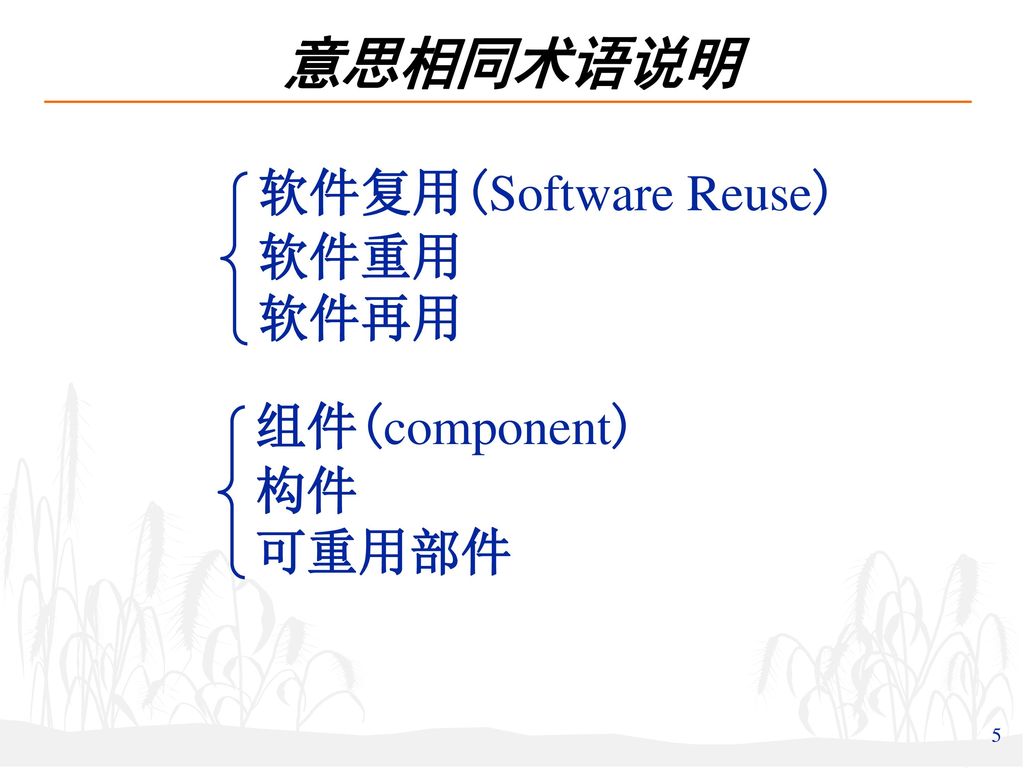 意思相同术语说明 软件复用(Software Reuse) 软件重用 软件再用 组件(component) 构件 可重用部件