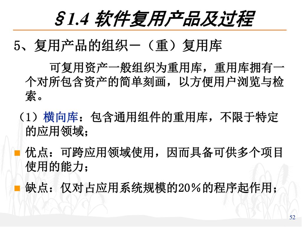 §1.4 软件复用产品及过程 5、复用产品的组织－（重）复用库