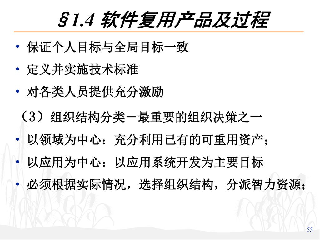 §1.4 软件复用产品及过程 （3）组织结构分类－最重要的组织决策之一 保证个人目标与全局目标一致 定义并实施技术标准