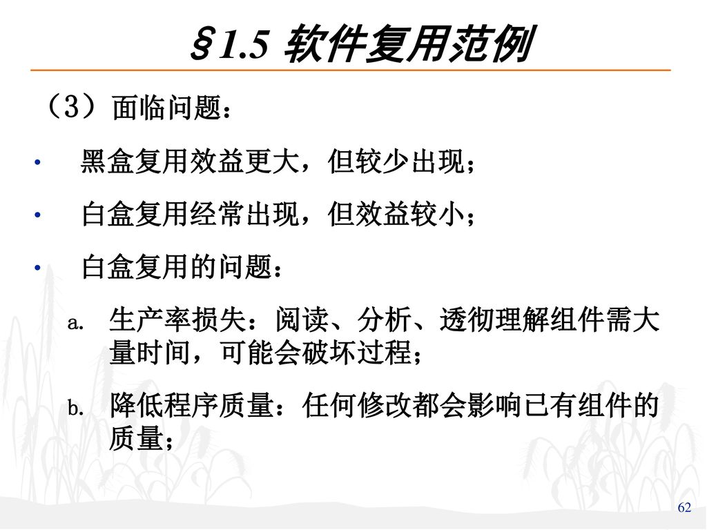 §1.5 软件复用范例 （3）面临问题： 黑盒复用效益更大，但较少出现； 白盒复用经常出现，但效益较小； 白盒复用的问题：