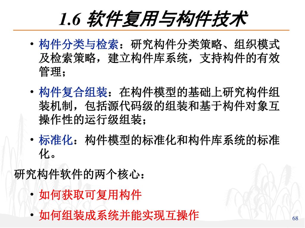 1.6 软件复用与构件技术 构件分类与检索：研究构件分类策略、组织模式及检索策略，建立构件库系统，支持构件的有效管理；