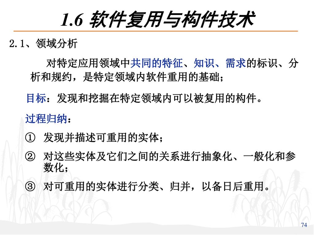 1.6 软件复用与构件技术 2.1、领域分析 对特定应用领域中共同的特征、知识、需求的标识、分 析和规约，是特定领域内软件重用的基础；