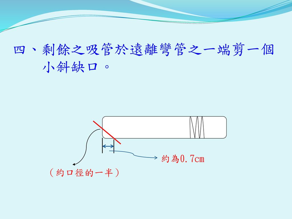 四、剩餘之吸管於遠離彎管之一端剪一個 小斜缺口。 （約口徑的一半） 約為0.7cm