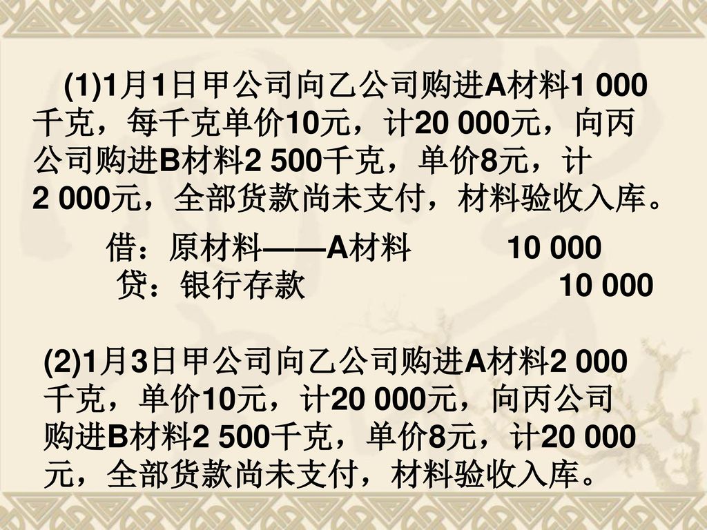 (1)1月1日甲公司向乙公司购进A材料1 000千克，每千克单价10元，计20 000元，向丙公司购进B材料2 500千克，单价8元，计