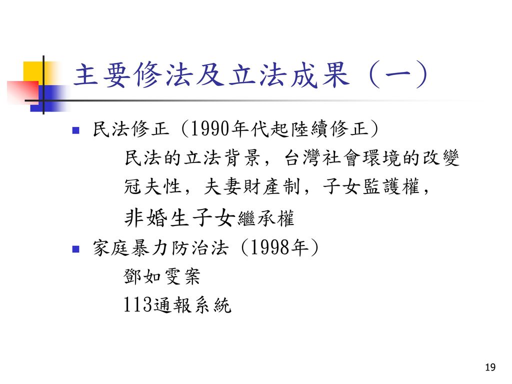主要修法及立法成果 (一) 民法修正 (1990年代起陸續修正) 民法的立法背景﹐台灣社會環境的改變 冠夫性﹐夫妻財產制﹐子女監護權﹐