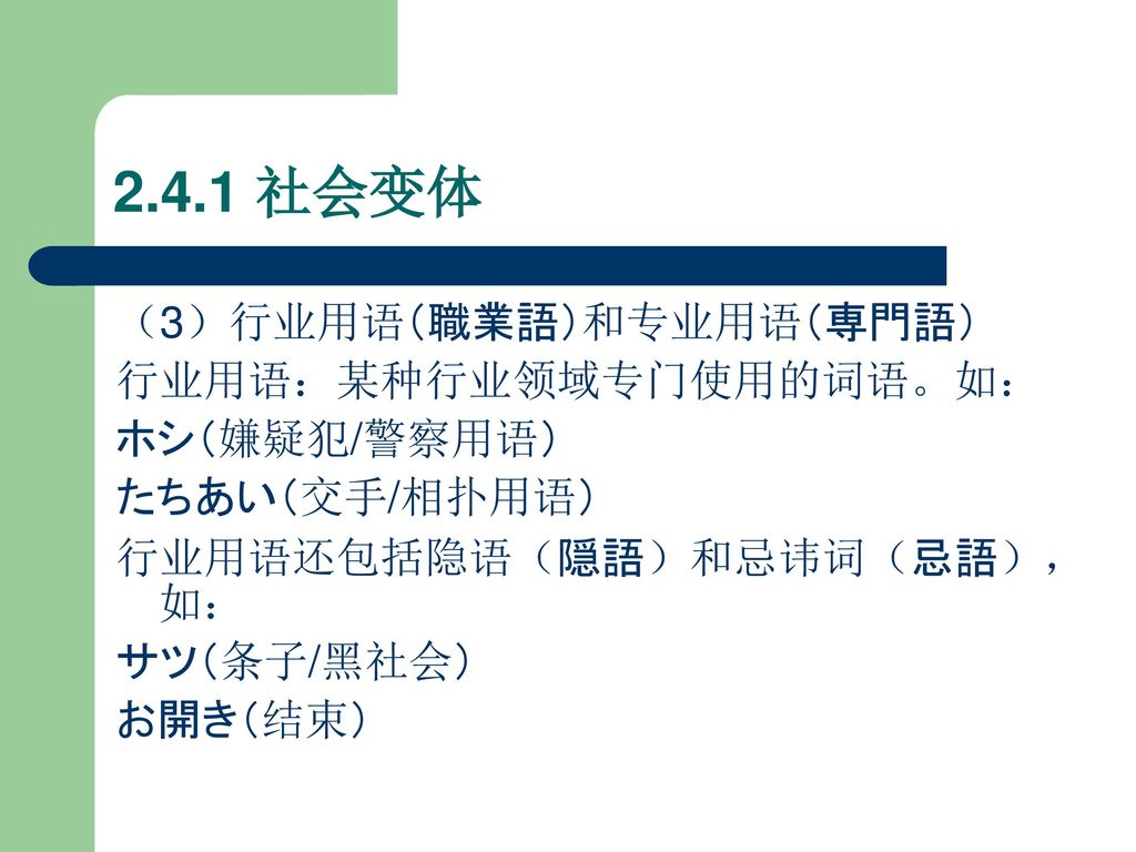 2.4.1 社会变体 （3）行业用语（職業語）和专业用语（専門語） 行业用语：某种行业领域专门使用的词语。如： ホシ（嫌疑犯/警察用语）