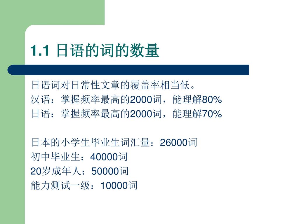 1.1 日语的词的数量 日语词对日常性文章的覆盖率相当低。 汉语：掌握频率最高的2000词，能理解80%