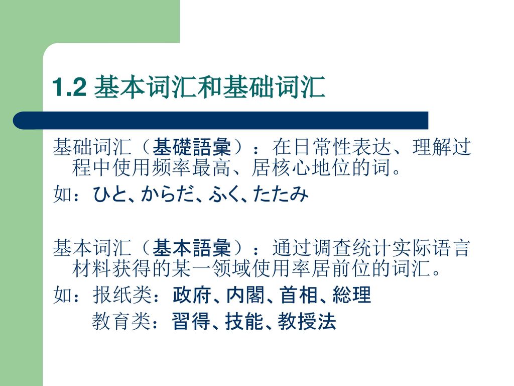 1.2 基本词汇和基础词汇 基础词汇（基礎語彙）：在日常性表达、理解过程中使用频率最高、居核心地位的词。 如：ひと、からだ、ふく、たたみ