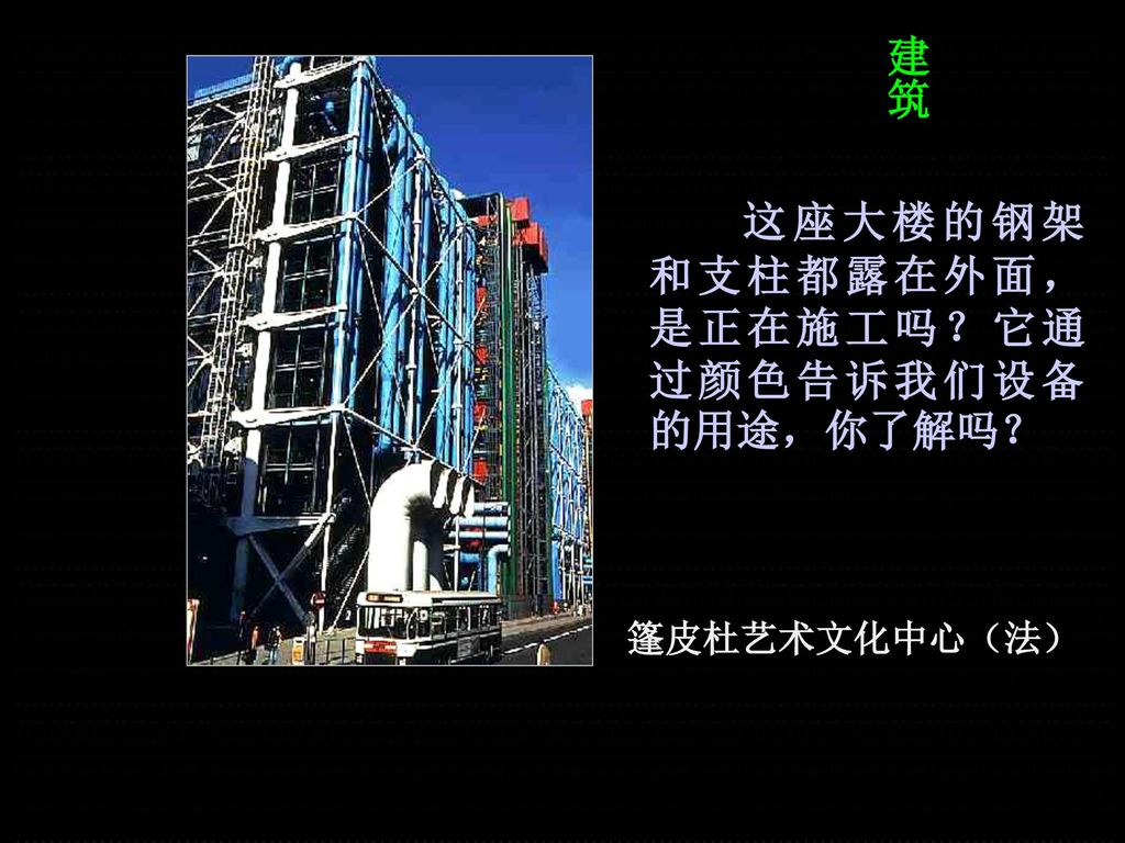 建筑 这座大楼的钢架和支柱都露在外面，是正在施工吗？它通过颜色告诉我们设备的用途，你了解吗？ 篷皮杜艺术文化中心（法）