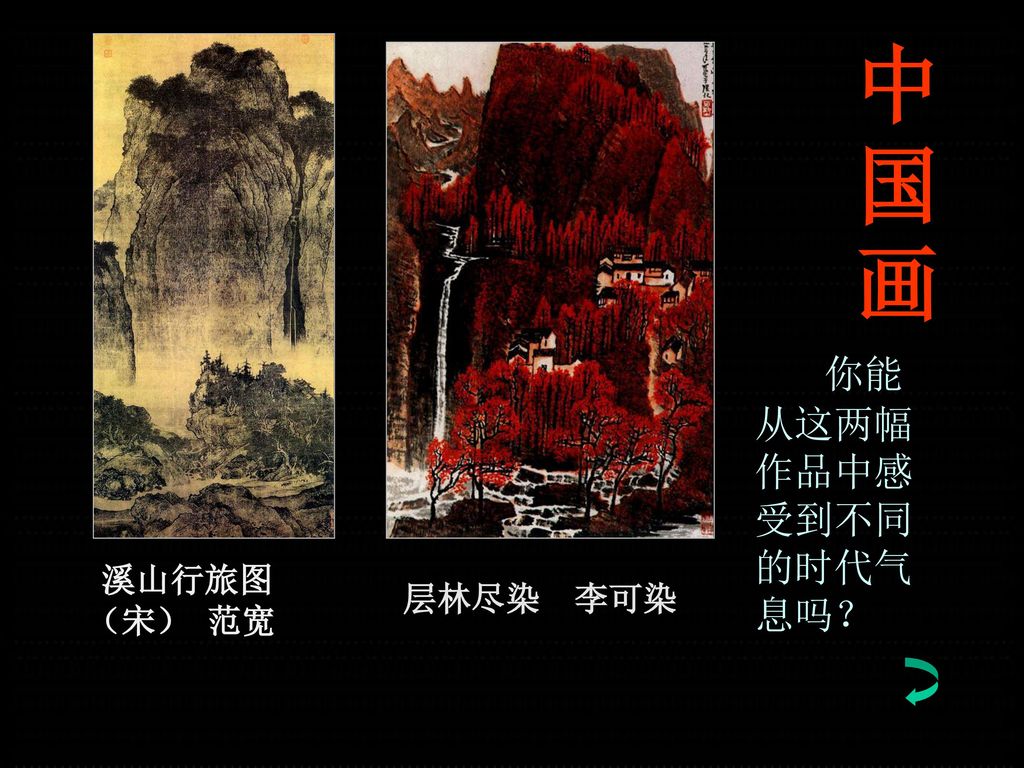 中国画 你能从这两幅作品中感受到不同的时代气息吗？ 溪山行旅图 （宋） 范宽 层林尽染 李可染