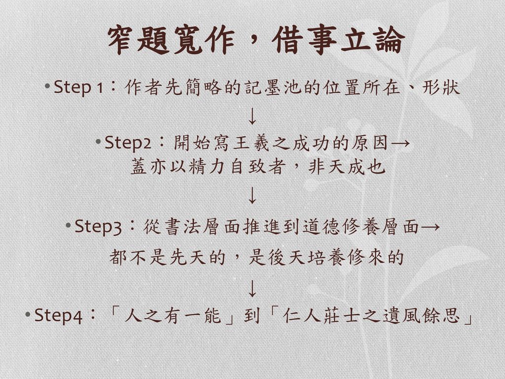 窄題寬作，借事立論 Step 1：作者先簡略的記墨池的位置所在、形狀 ↓ Step2：開始寫王羲之成功的原因→ 蓋亦以精力自致者，非天成也