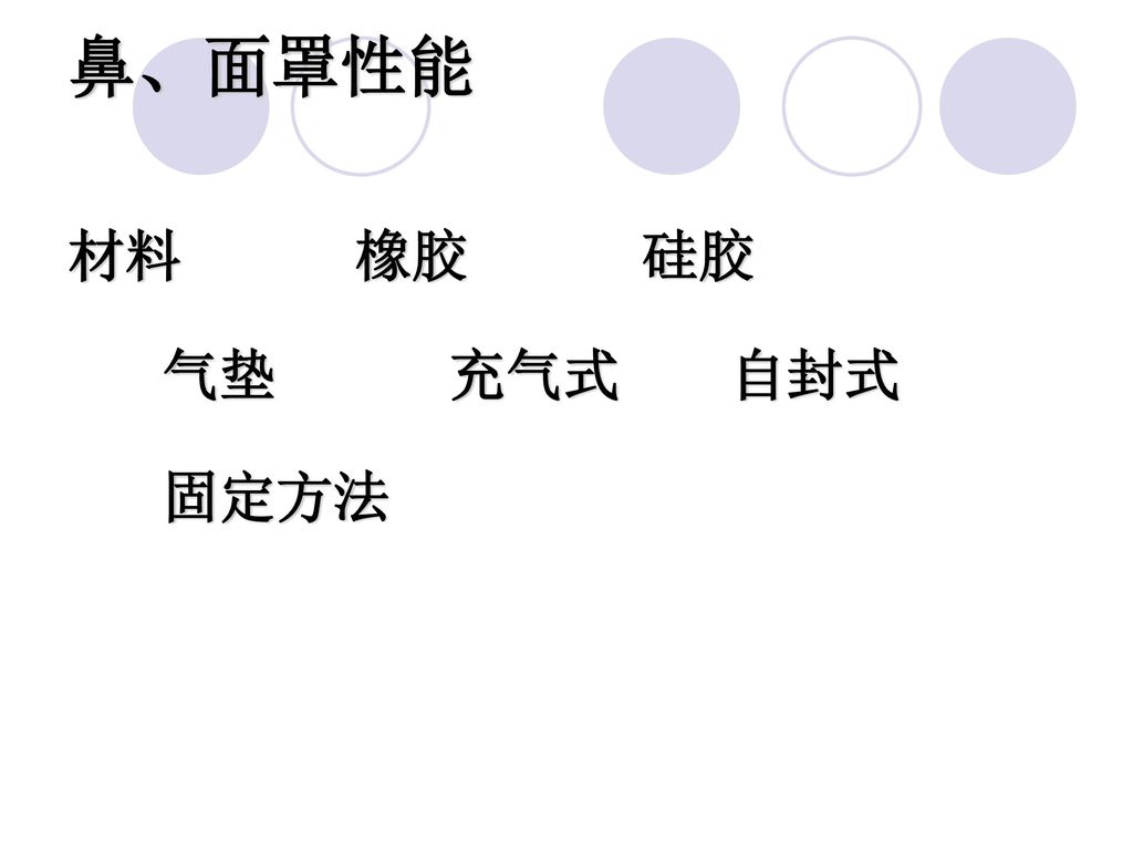 鼻、面罩性能 材料 橡胶 硅胶 气垫 充气式 自封式 固定方法