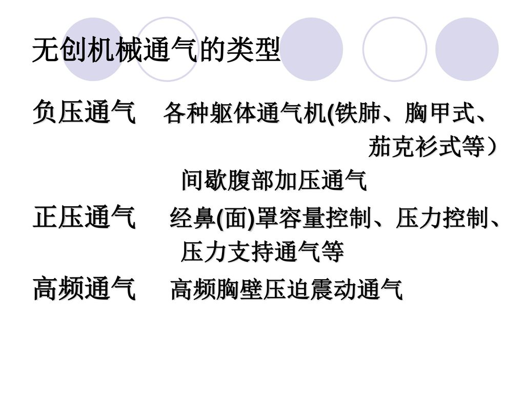 无创机械通气的类型 负压通气 各种躯体通气机(铁肺、胸甲式、 正压通气 经鼻(面)罩容量控制、压力控制、 高频通气 高频胸壁压迫震动通气