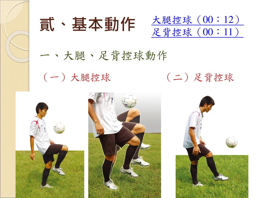 貳、基本動作 大腿控球（00：12） 足背控球（00：11） 一、大腿、足背控球動作 （一）大腿控球 （二）足背控球