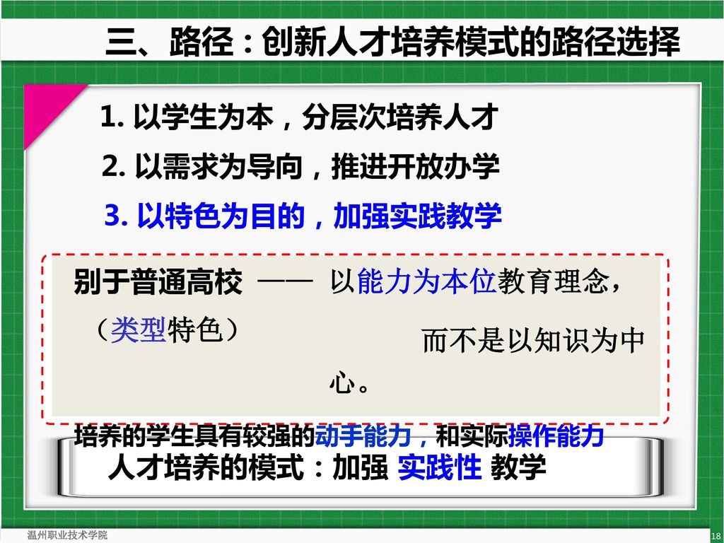 三、路径 : 创新人才培养模式的路径选择 1. 以学生为本，分层次培养人才 2. 以需求为导向，推进开放办学