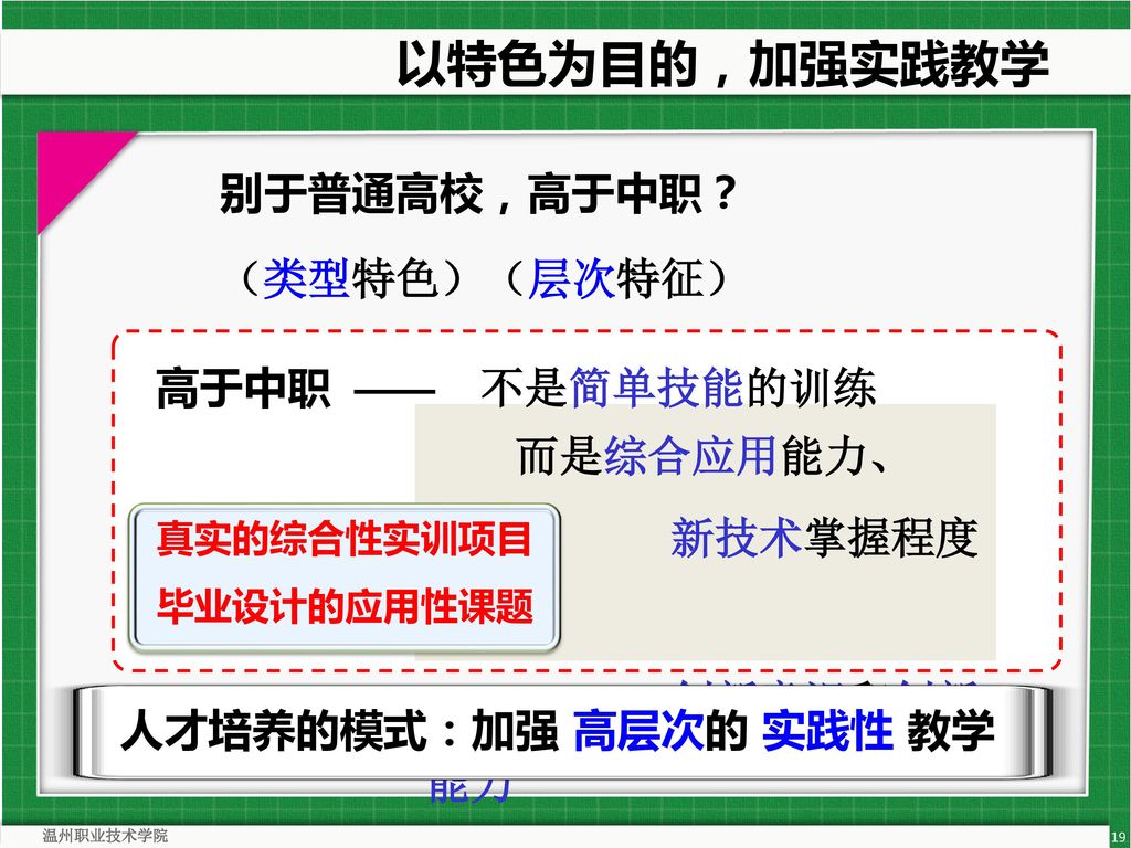 以特色为目的，加强实践教学 别于普通高校，高于中职？ （类型特色）（层次特征） 高于中职 —— 不是简单技能的训练 而是综合应用能力、