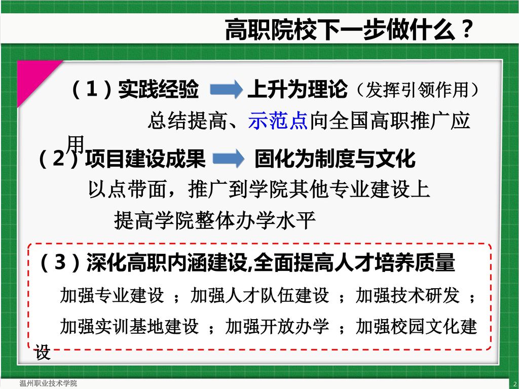 高职院校下一步做什么？ （1）实践经验 上升为理论（发挥引领作用） 总结提高、示范点向全国高职推广应用 （2）项目建设成果 固化为制度与文化