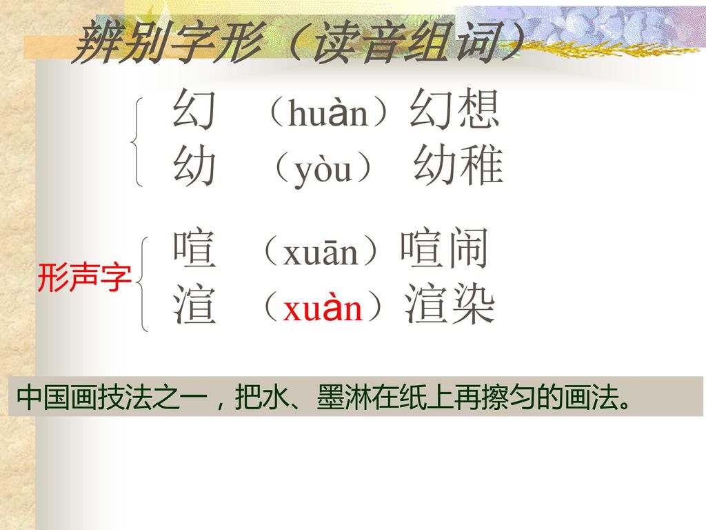 辨别字形（读音组词） 幻 幼 喧 渲 （huàn）幻想 （yòu） 幼稚 （xuān）喧闹 （xuàn）渲染 形声字