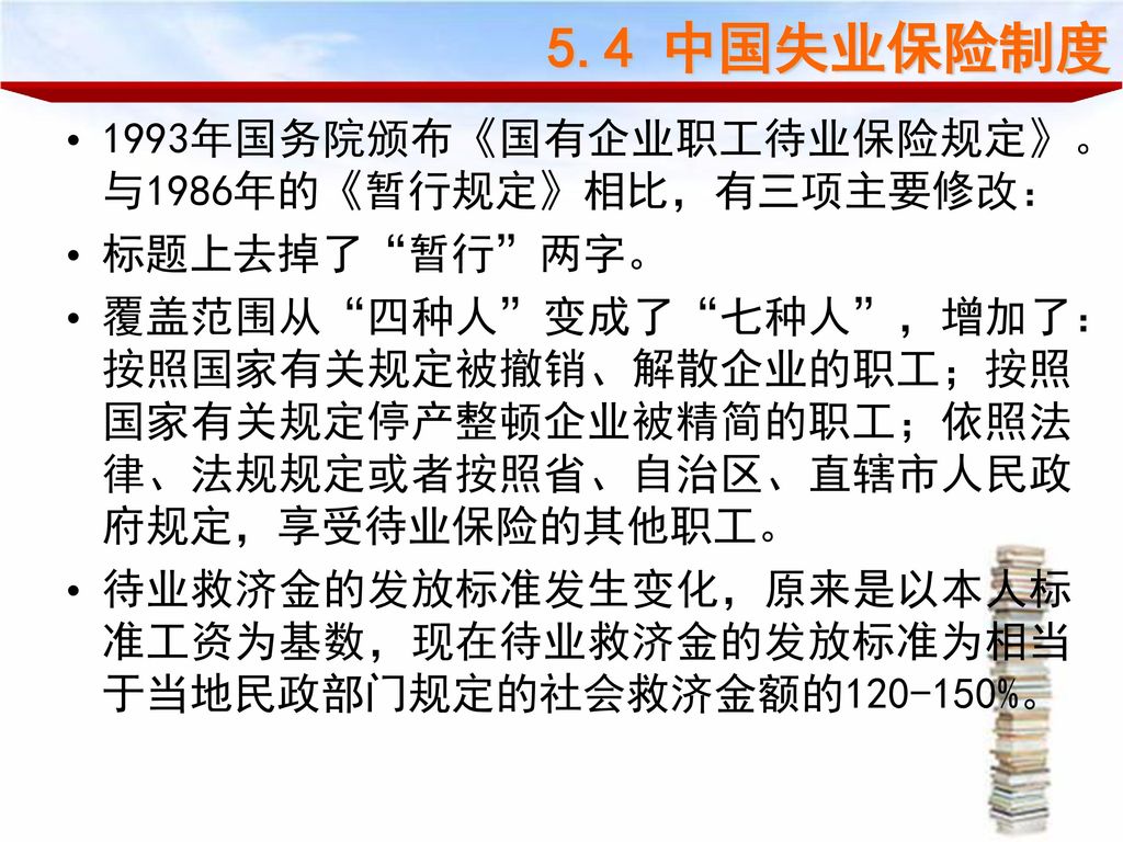 5.4 中国失业保险制度 1993年国务院颁布《国有企业职工待业保险规定》。与1986年的《暂行规定》相比，有三项主要修改：