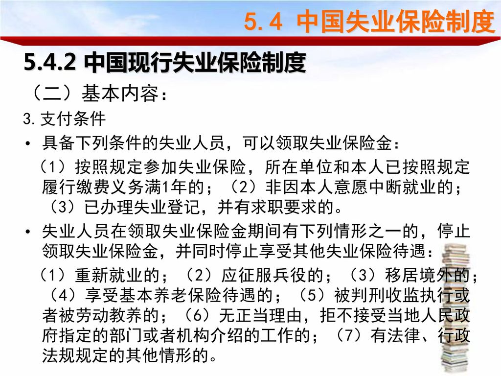 5.4 中国失业保险制度 中国现行失业保险制度 （二）基本内容： 3.支付条件 具备下列条件的失业人员，可以领取失业保险金：