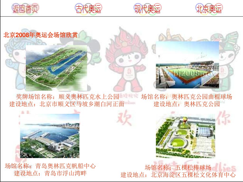 奖牌场馆名称：顺义奥林匹克水上公园 建设地点：北京市顺义区马坡乡潮白河正面 场馆名称：奥林匹克公园曲棍球场 建设地点：奥林匹克公园