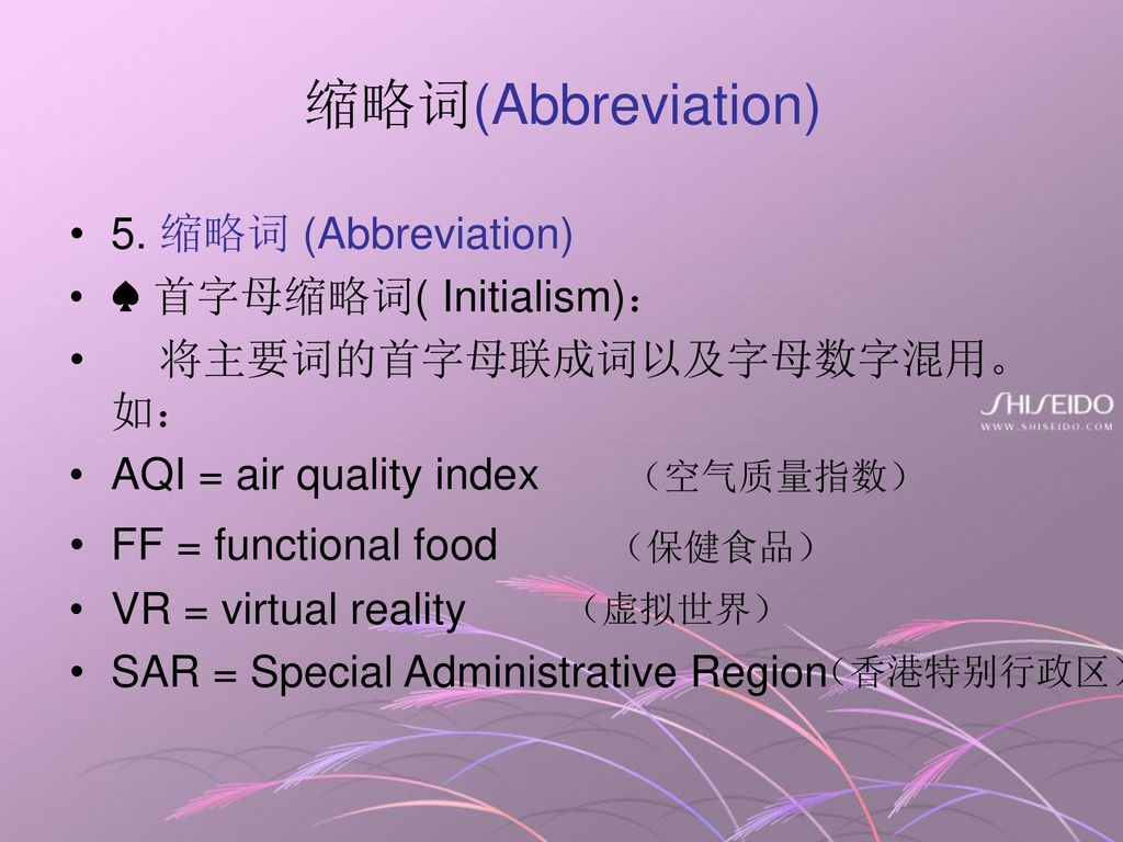 缩略词(Abbreviation) 5. 缩略词 (Abbreviation) ♠ 首字母缩略词( Initialism)：